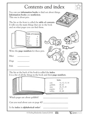 5 great reading worksheets: grade 1 - Table of contents and index